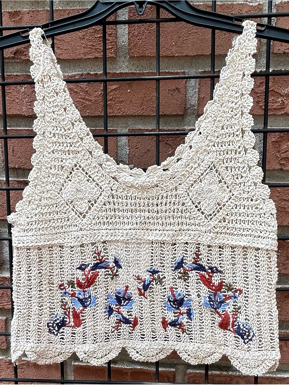 Rebellion Cream Crochet Crop Top with Red & Blue Embroidery